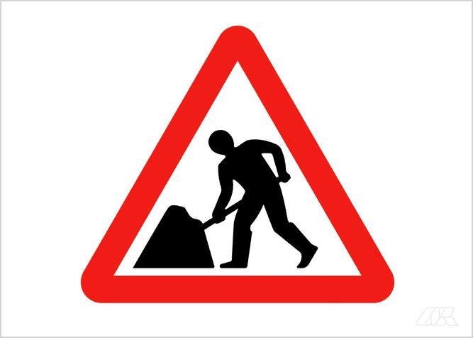 Caution sign shows a silhouette of a road worker shovelling a mound of aggregate which has been cropped by the triangular border