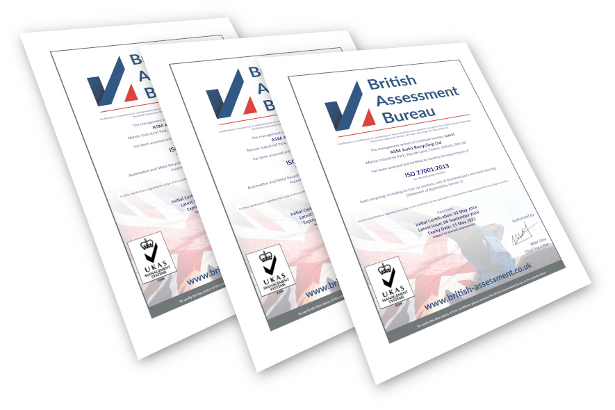 Composite of ASM Auto Recycling's ISO certificates
